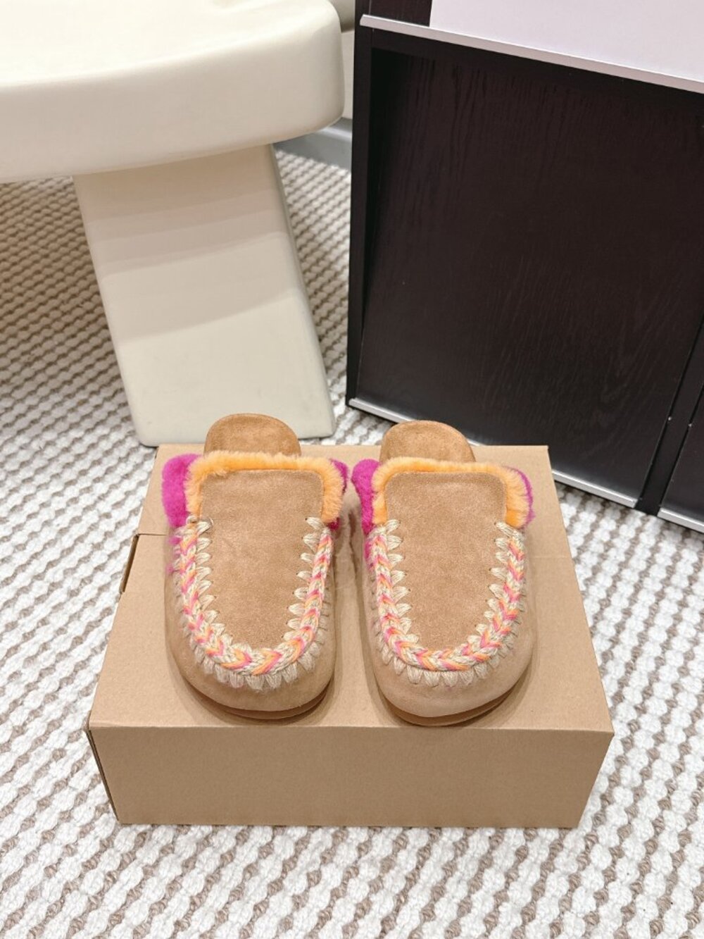 MOU Tan Ethno-Style Knitted Wool Mule Slippers